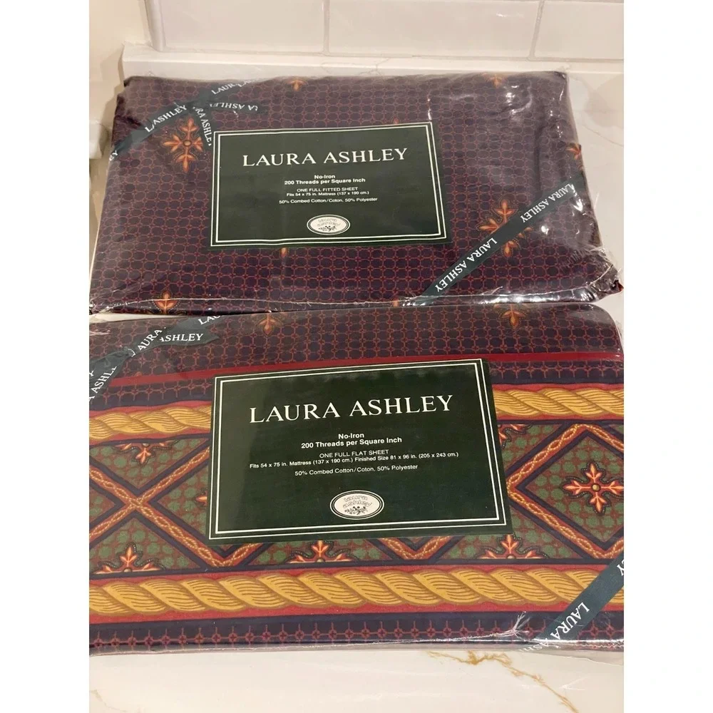 Vintage Laura Ashley Hamilton Full/Double‎ Sheets Fitted Flat Navy Burgundy New